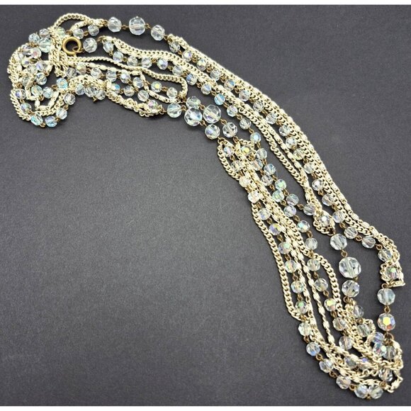 Multi Strand Necklace Clear AB Wash Beads Gold Tone Curb Chain & Snail Chain 55" - Picture 7 of 7